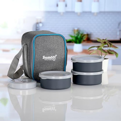 Sumeet EPULO Lunch Box Tiffin with Microwave Safe and Leak Proof 3 Inner Steel Containers + 1 Plastic Chutney/Pickel Container with BPA Free Air Tight Lids - 420ml & Insulated Fabric Bag, Grey