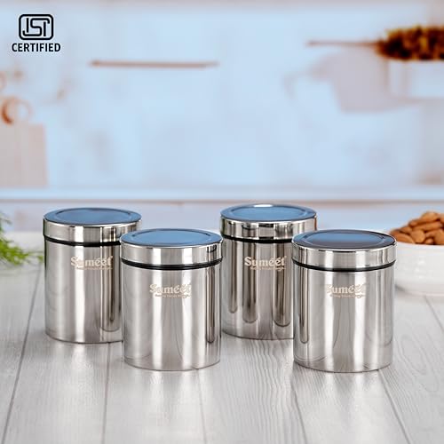 Sumeet ISI Certified Stainless Steel Air Tight Storage Container/Jar/Canister/Dabba with Threading Screw Cap for Kitchen - Pack of 4Pc, 8.3cm, 450ml, Silver