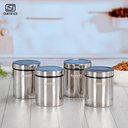 Sumeet ISI Certified Stainless Steel Air Tight Storage Container/Jar/Canister/Dabba with Threading Screw Cap for Kitchen - Pack of 4Pc, 8.3cm, 450ml, Silver