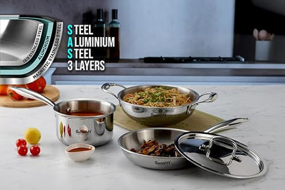 Sumeet Cook Smart TriPly Stainless Steel 4Pc Induction Base Cookware Set of Deep Kadai - 20cm - 1.7L, Frypan - 20Cm - 1 LTR, Saucepan - 14Cm - 1.150 LTR & Steel Lid, Pack of 4, Silver