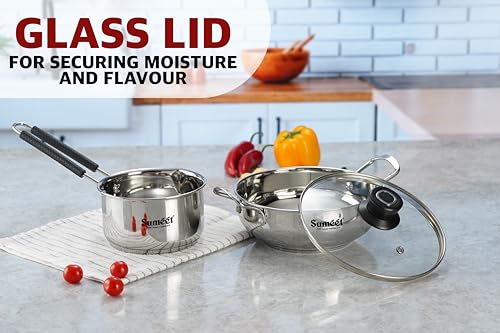 Sumeet Stainless Steel Induction Bottom Gas Stove & Induction Friendly 3PC Cookware Set, Kadai - 1500ml / 20cm, Saucepan 1250ml / 14cm with Glass Lid, Pack of 3, Silver