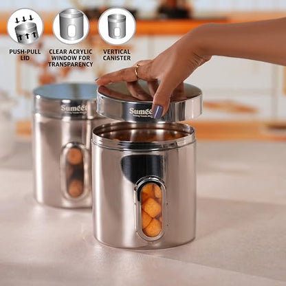 Sumeet Stainless Steel Small Containers/Jars/Dabba for Kitchen Storage with See Through Window - set of 2Pcs, 1100ml capacity each, 11.5cm Dia, Silver