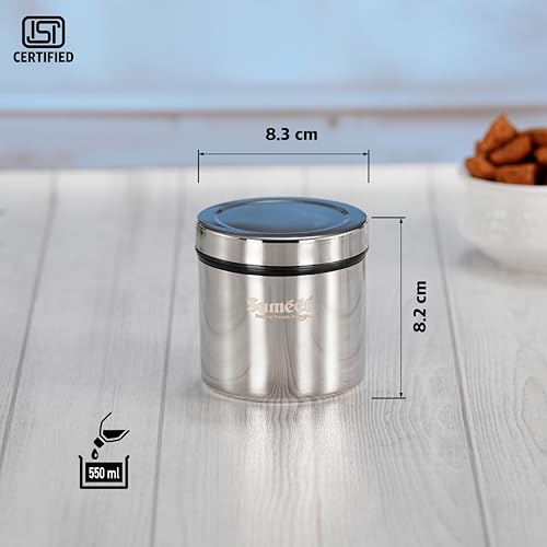 Sumeet ISI Certified Stainless Steel Air Tight Storage Container/Jar/Canister/Dabba with Threading Screw Cap for Kitchen - Pack of 4Pc, 8.3cm, 350ml, Silver