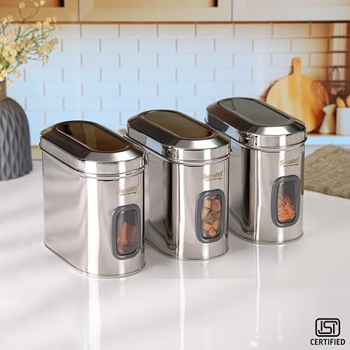 Sumeet ISI Certified Stainless Steel Capsul Canister/Container for Kitchen Storage with See Through Window - Set of 3 Pcs - 1850ml, Silver