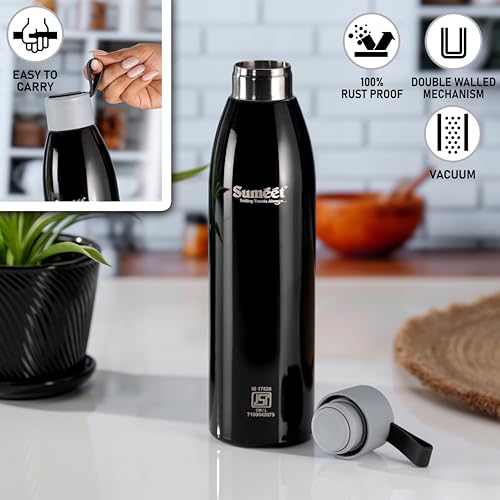 Sumeet Dew 24 Hrs Hot & Cold ISI Certified Stainless Steel Leak Proof Water Bottle for Office/School/College/Gym/Picnic/Home/Trekking -750ml, Pack of 1, Black