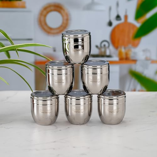 Sumeet Stainless Steel Conical Shape Canisters/Dabba/Storage Containers for Kitchen with See Through Lid, Set of 6 Pcs, 250ml Each, 7cm Dia, Silver