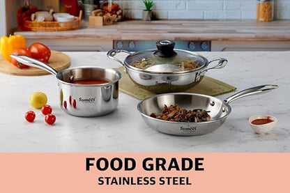 Sumeet Cook Smart TriPly Stainless Steel 4Pc Induction Base Cookware Set of Deep Kadai - 20cm - 1.7L, Frypan - 20Cm - 1 LTR, Saucepan - 14Cm - 1.150 LTR & Glass Lid, Pack of 4, Silver