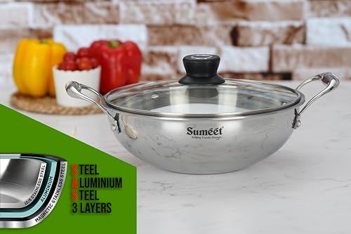 Sumeet Cook Smart TriPly Stainless Steel Induction Base Deep Kadai with Glass Lid - 1.4 LTR - 18Cm, Pack of 1, Silver