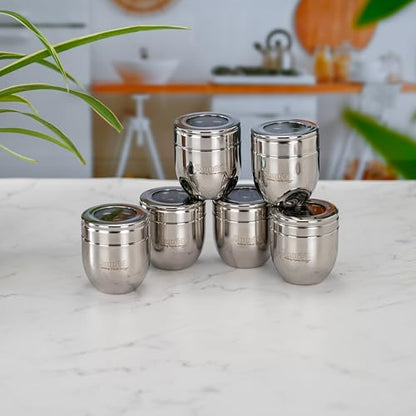 Sumeet Stainless Steel Conical Shape Canisters/Dabba/Storage Containers for Kitchen with See Through Lid, Set of 6 Pcs, 150ml Each, 6cm Dia, Silver