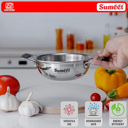 Sumeet Cook Smart ISI Certified Tri-Ply (Steel - Aluminium - Steel) Mini Kadai with Silicon Grip | Induction and Gas Friendly | 2.5mm Thick | 370ml -12Cm, Silver