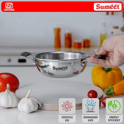 Sumeet Cook Smart ISI Certified Tri-Ply (Steel - Aluminium - Steel) Mini Kadai with Silicon Grip | Induction and Gas Friendly | 2.5mm Thick | 370ml -12Cm, Silver