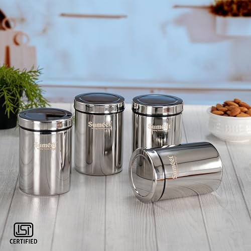 Sumeet ISI Certified Stainless Steel Air Tight Storage Container/Jar/Canister/Dabba with Threading Screw Cap for Kitchen - Pack of 4Pc, 8.3cm, 550ml, Silver