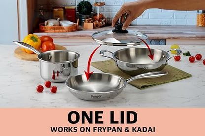 Sumeet Cook Smart TriPly Stainless Steel 4Pc Induction Base Cookware Set of Deep Kadai - 20cm - 1.7L, Frypan - 20Cm - 1 LTR, Saucepan - 14Cm - 1.150 LTR & Glass Lid, Pack of 4, Silver