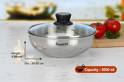 Sumeet Cook Smart TriPly Stainless Steel Induction Base Deep Tasra with Glass Lid - 3 LTR - 24Cm, Pack of 1, Silver