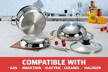 Sumeet Cook Smart TriPly Stainless Steel 4Pc Induction Base Cookware Set of Deep Kadai - 20cm - 1.7L, Frypan - 20Cm - 1 LTR, Casserole - 20cm - 2.9Ltr & Glass Lid, Pack of 4, Silver