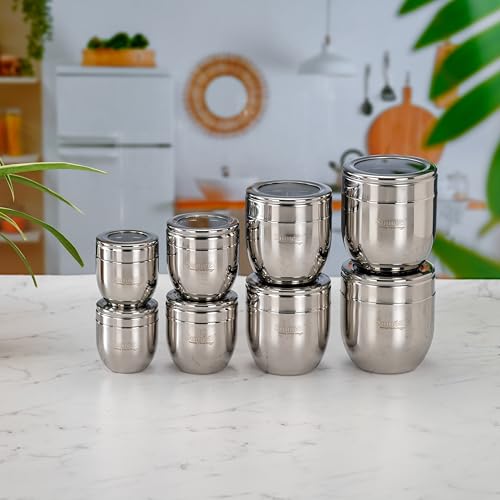 Sumeet Stainless Steel Conical Shape Canisters/Dabba/Storage Containers for Kitchen with See Through Lid, Set of 8 Pcs, (150ml-6cm Dia-2Pc, 250ml-7cm Dia-2Pc, 400ml-8.5cm 2Pc, 500ml-9cm 2Pc)- Silver