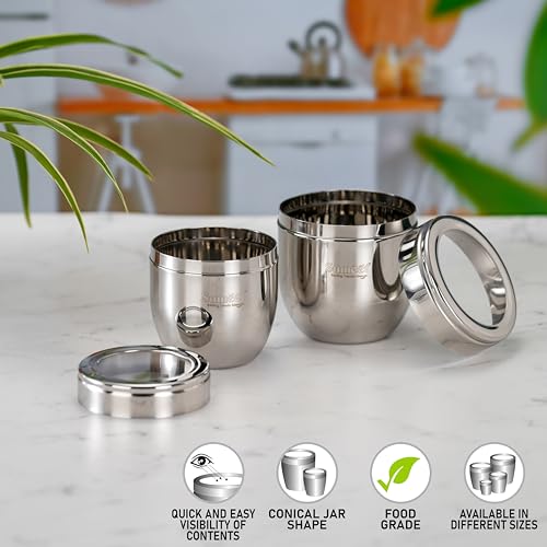 Sumeet Stainless Steel Conical Shape Canisters/Dabba/Storage Containers for Kitchen with See Through Lid, Set of 2 Pcs, (400ml-8.5cm Dia-1Pc & 500ml-9cm Dia-1Pc), Silver