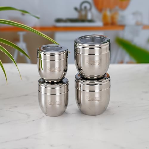 Sumeet Stainless Steel Conical Shape Canisters/Dabba/Storage Containers for Kitchen with See Through Lid, Set of 4 Pcs, (150ml-6cm Dia-2Pc & 250ml-7cm Dia-2Pc), Silver