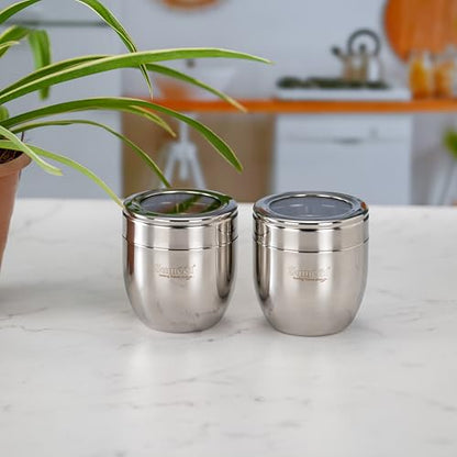 Sumeet Stainless Steel Conical Shape Canisters/Dabba/Storage Containers for Kitchen with See Through Lid, Set of 2 Pcs, 400ml Each, 8.5cm Dia, Silver