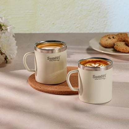 Sumeet Stainless Steel Coloured Double Wall Tea/Milk/Coffee Mug Set of 2Pc - 300ml - Ivory