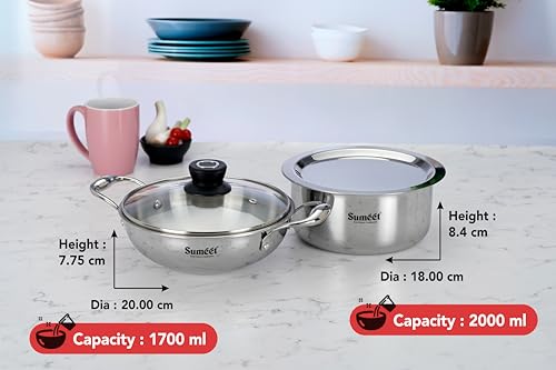 Sumeet Cook Smart TriPly Stainless Steel 4Pc Induction Base Cookware Set of Deep Kadai - 20cm - 1.7L, Tope 18cm, 2 LTR with Glass Lid & Steel Lid, Pack of 4, Silver