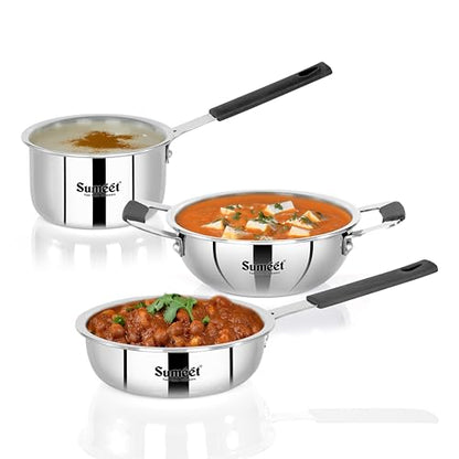 Sumeet Cook Smart ISI Certified Tri-Ply (Steel - Aluminium - Steel) Set of 3 Pcs Mini Kadhai - FryingTadka Pan- SauceTadka Pan 450ml with Silicon Grip | Induction & Gas Friendly | 2.5mm Thick, Silver
