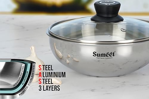 Sumeet Cook Smart TriPly Stainless Steel Induction Base Deep Tasra with Glass Lid - 1.7 LTR - 20Cm, Pack of 1, Silver