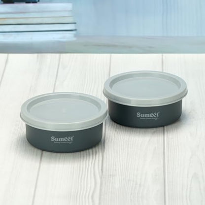 Sumeet Microwave Safe Stainless Steel Air Tight & Leak Proof Lunch Boxes/Storage Containers with Lids for Kitchen/Office/School, 240ml, set of 2, Grey