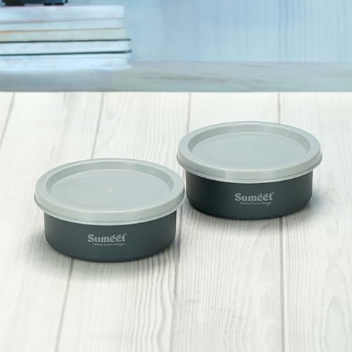 Sumeet Microwave Safe Stainless Steel Air Tight & Leak Proof Lunch Boxes/Storage Containers with Lids for Kitchen/Office/School, 320ml, set of 2, Grey