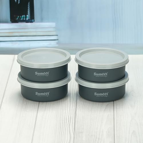 Sumeet Microwave Safe Stainless Steel Air Tight & Leak Proof Lunch Boxes/Storage Containers with Lids for Kitchen/Office/School, 240ml, set of 4, Grey