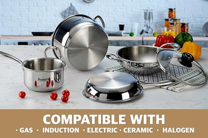 Sumeet Cook Smart TriPly Stainless Steel 5Pc Induction Base Cookware Set of Deep Kadai - 20cm - 1.7L, Frypan - 20Cm - 1 LTR, Saucepan - 14Cm, Casserole - 20cm - 2.9Ltr & Glass Lid, Pack of 5 - Silver