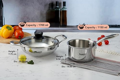 Sumeet Cook Smart TriPly Stainless Steel 3Pc Induction Base Cookware Set of Deep Kadai - 20cm - 1.7L, Saucepan - 14Cm - 1.150 LTR & Glass Lid, Pack of 3, Silver