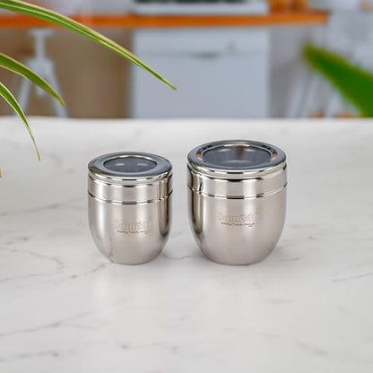 Sumeet Stainless Steel Conical Shape Canisters/Dabba/Storage Containers for Kitchen with See Through Lid, Set of 2 Pcs, (150ml-6cm Dia-1Pc & 250ml-7cm Dia-1Pc), Silver