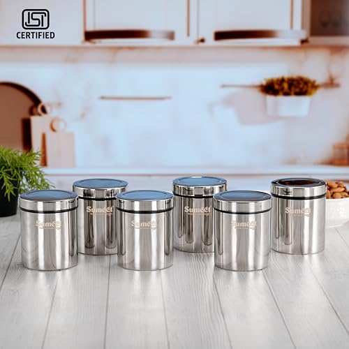 Sumeet ISI Certified Stainless Steel Air Tight Storage Container/Jar/Canister/Dabba with Threading Screw Cap for Kitchen - Pack of 6Pc, 8.3cm, 450ml, Silver