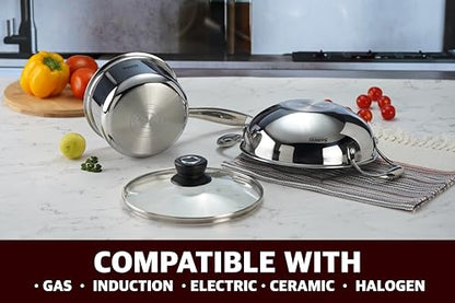 Sumeet Cook Smart TriPly Stainless Steel 3Pc Induction Base Cookware Set of Deep Kadai - 20cm - 1.7L, Saucepan - 14Cm - 1.150 LTR & Glass Lid, Pack of 3, Silver