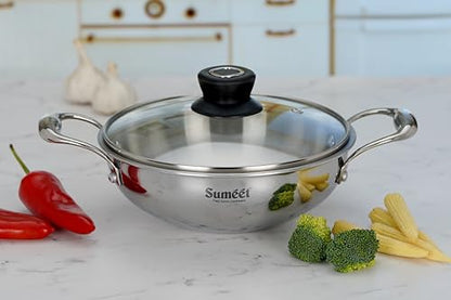 Sumeet Cook Smart TriPly Stainless Steel Induction Base Deep Kadai with Glass Lid - 2.3 LTR - 22Cm, Pack of 1, Silver