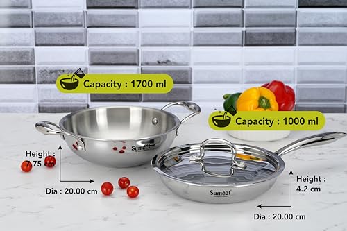 Sumeet Cook Smart TriPly Stainless Steel 3Pc Induction Base Cookware Set of Deep Kadai - 20cm - 1.7L, Frypan - 20Cm - 1 LTR & Steel Lid, Pack of 3, Silver