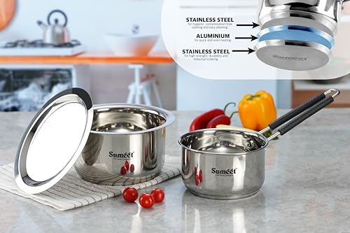 Sumeet Stainless Steel Induction Bottom Gas Stove & Induction Friendly 3PC Cookware Set, Tope 1700ml / 20cm, Saucepan 1250ml / 14cm with Steel Lid, Pack of 3, Silver