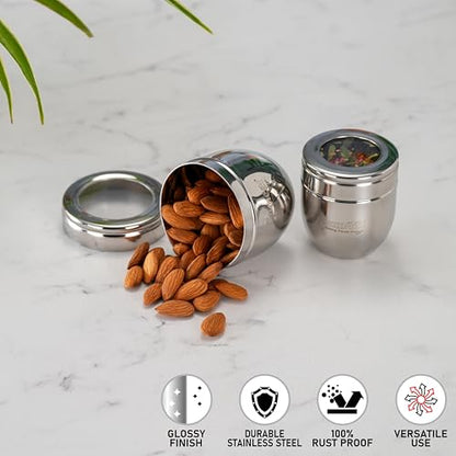 Sumeet Stainless Steel Conical Shape Canisters/Dabba/Storage Containers for Kitchen with See Through Lid, Set of 2 Pcs, (150ml-6cm Dia-1Pc & 250ml-7cm Dia-1Pc), Silver