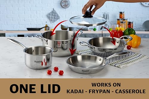 Sumeet Cook Smart TriPly Stainless Steel 5Pc Induction Base Cookware Set of Deep Kadai - 20cm - 1.7L, Frypan - 20Cm - 1 LTR, Saucepan - 14Cm, Casserole - 20cm - 2.9Ltr & Glass Lid, Pack of 5 - Silver