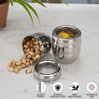 Sumeet Stainless Steel Conical Shape Canisters/Dabba/Storage Containers for Kitchen with See Through Lid, Set of 2 Pcs, (400ml-8.5cm Dia-1Pc & 500ml-9cm Dia-1Pc), Silver