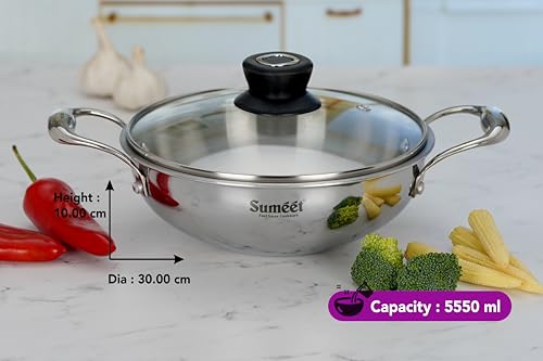 Sumeet Cook Smart TriPly Stainless Steel Induction Base Deep Kadai with Glass Lid - 5.550 LTR - 30Cm, Pack of 1, Silver