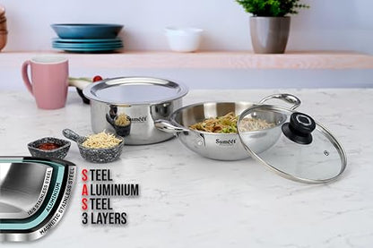 Sumeet Cook Smart TriPly Stainless Steel 4Pc Induction Base Cookware Set of Deep Kadai - 20cm - 1.7L, Tope 18cm, 2 LTR with Glass Lid & Steel Lid, Pack of 4, Silver