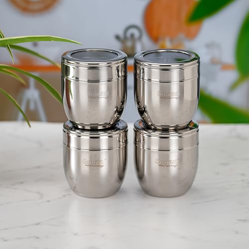 Sumeet Stainless Steel Conical Shape Canisters/Dabba/Storage Containers for Kitchen with See Through Lid, Set of 4 Pcs, 400ml Each, 8.5cm Dia, Silver