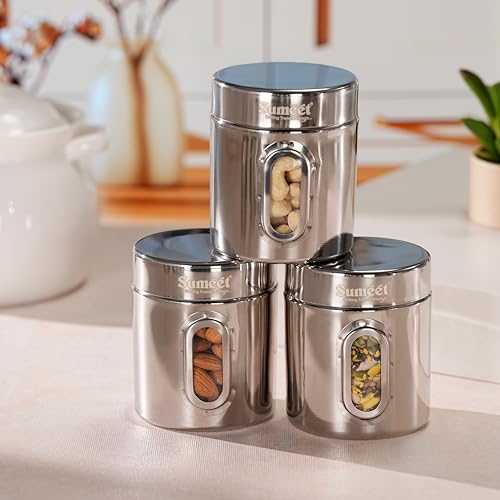 Sumeet Stainless Steel Small Containers/Jars/Dabba for Kitchen Storage with See Through Window - set of 3Pcs, 310ml capacity each, 7.3cm Dia, Silver