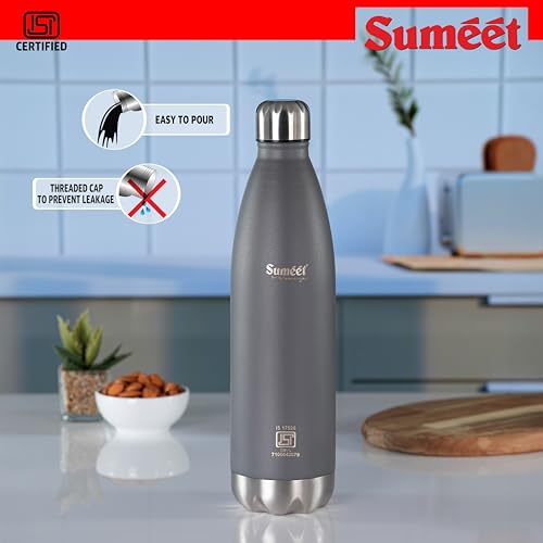 Sumeet Thermo1000 ISI Certified Stainless Steel Hot & Cold Double Walled Leak Proof Vacuum Flask/Water Bottle for Office/School/College/Gym/Picnic/Home/Trekking- 1000ml, Grey