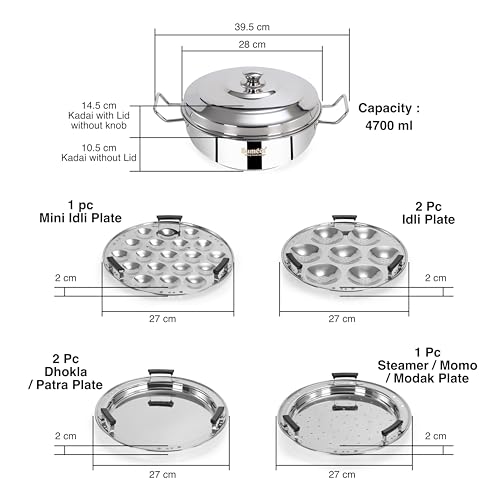 Sumeet ISI Certified Stainless Steel Induction Bottom Heavy Multi Kadai with 6 Plates - 2 Idli, 2 Dhokla/Patra, 1 Momo/Modak/Steamer, 1 Mini Idli Plate - 28cm, 4.7Ltr, Silver