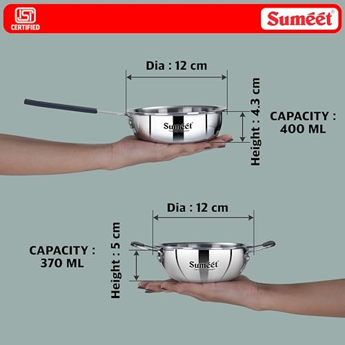 Sumeet Cook Smart ISI Certified Tri-Ply (Steel - Aluminium - Steel) Set of 2 Pcs Mini Kadai 370ml - FryingTadka Pan 400ml with Silicon Grip | Induction and Gas Friendly | 2.5mm Thick, Silver