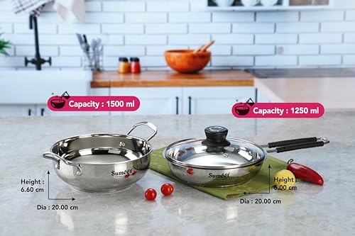 Sumeet Stainless Steel Induction Bottom Gas Stove & Induction Friendly 3PC Cookware Set, Kadai - 1500ml / 20cm, Frypan 1250ml / 20cm with Glass Lid, Pack of 3, Silver