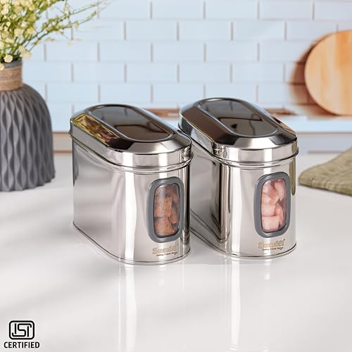 Sumeet ISI Certified Stainless Steel Capsul Canister/Container for Kitchen Storage with See Through Window - Set of 2 Pcs - 1400ml, Silver